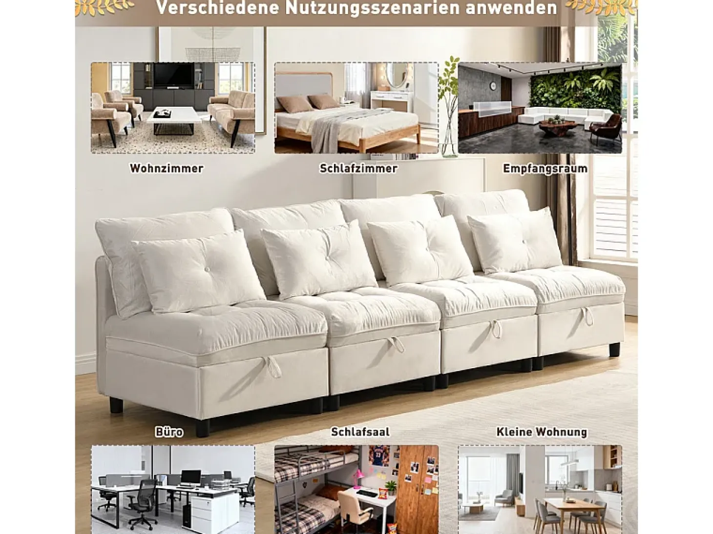 Sofá Modular 4 Lugares em Chenille - com 8 Almofadas e 4 Armazenamentos - Carga Máx. 500kg - 274x76x87cm - Bege
