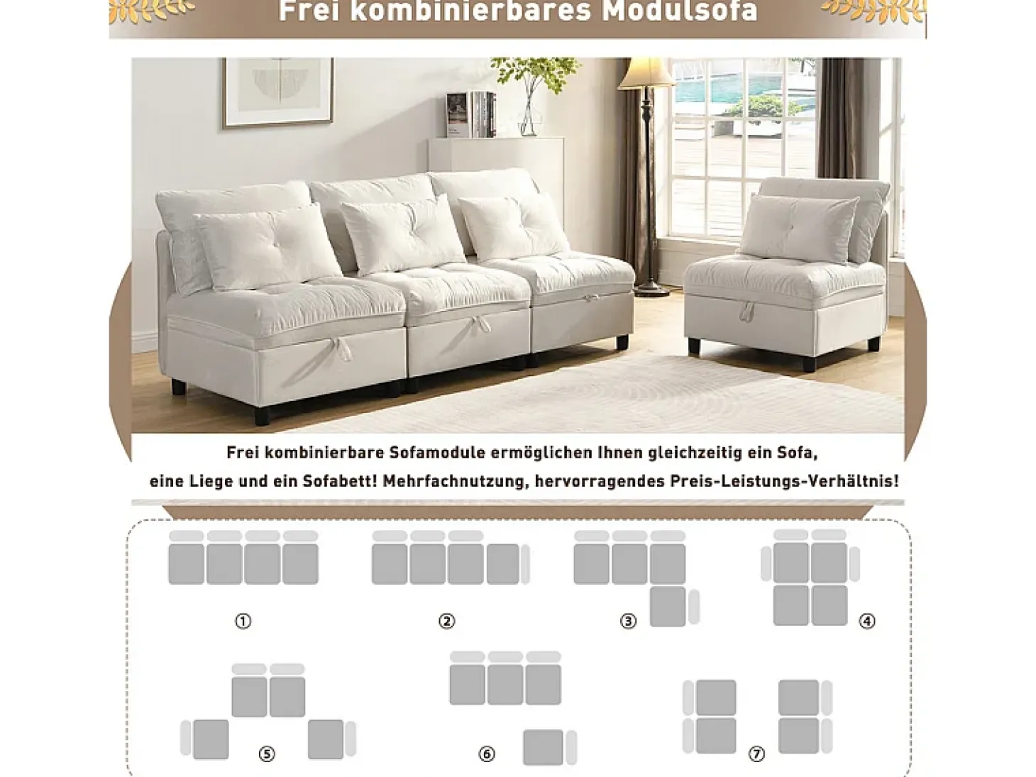 Sofá Modular 4 Lugares em Chenille - com 8 Almofadas e 4 Armazenamentos - Carga Máx. 500kg - 274x76x87cm - Bege