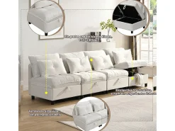 Sofá Modular 4 Lugares em Chenille - com 8 Almofadas e 4 Armazenamentos - Carga Máx. 500kg - 274x76x87cm - Bege