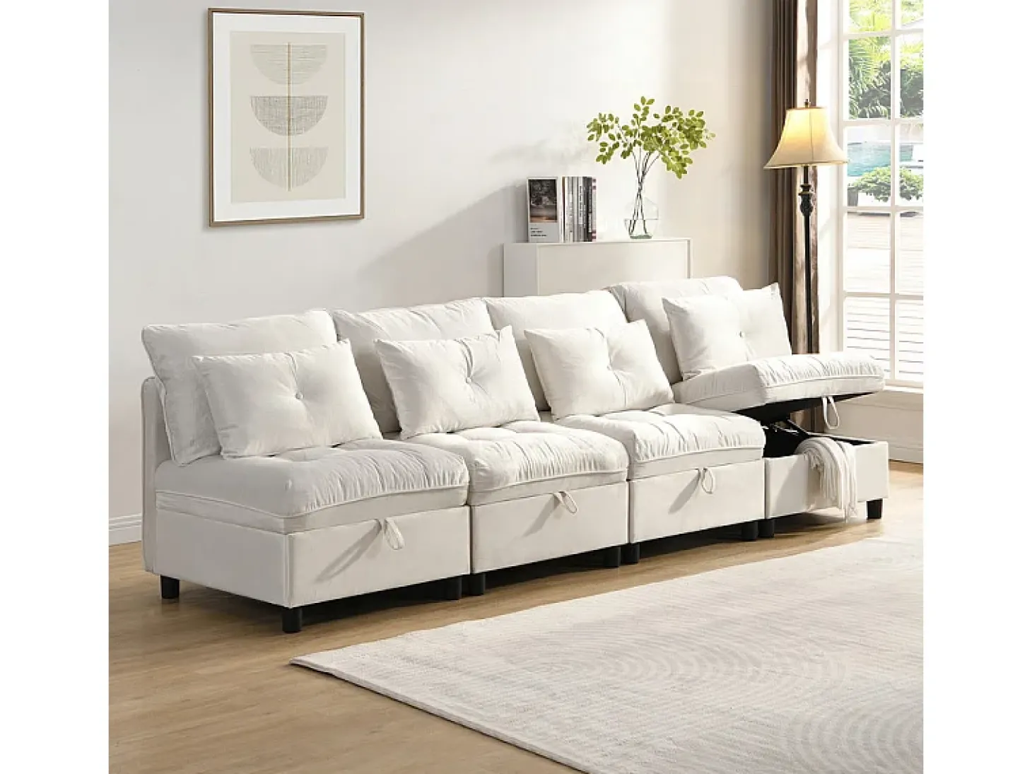 Sofá Modular 4 Lugares em Chenille - com 8 Almofadas e 4 Armazenamentos - Carga Máx. 500kg - 274x76x87cm - Bege