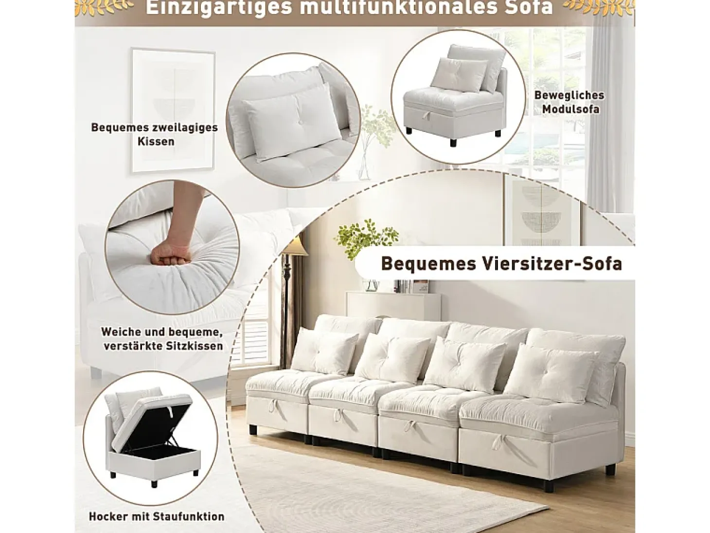 Sofá Modular 4 Lugares em Chenille - com 8 Almofadas e 4 Armazenamentos - Carga Máx. 500kg - 274x76x87cm - Bege