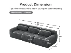 Sofá Modular 3 lugares em tecido peluche, com 3 almofadas, sem estrutura, 291x104x73cm, Cinza
