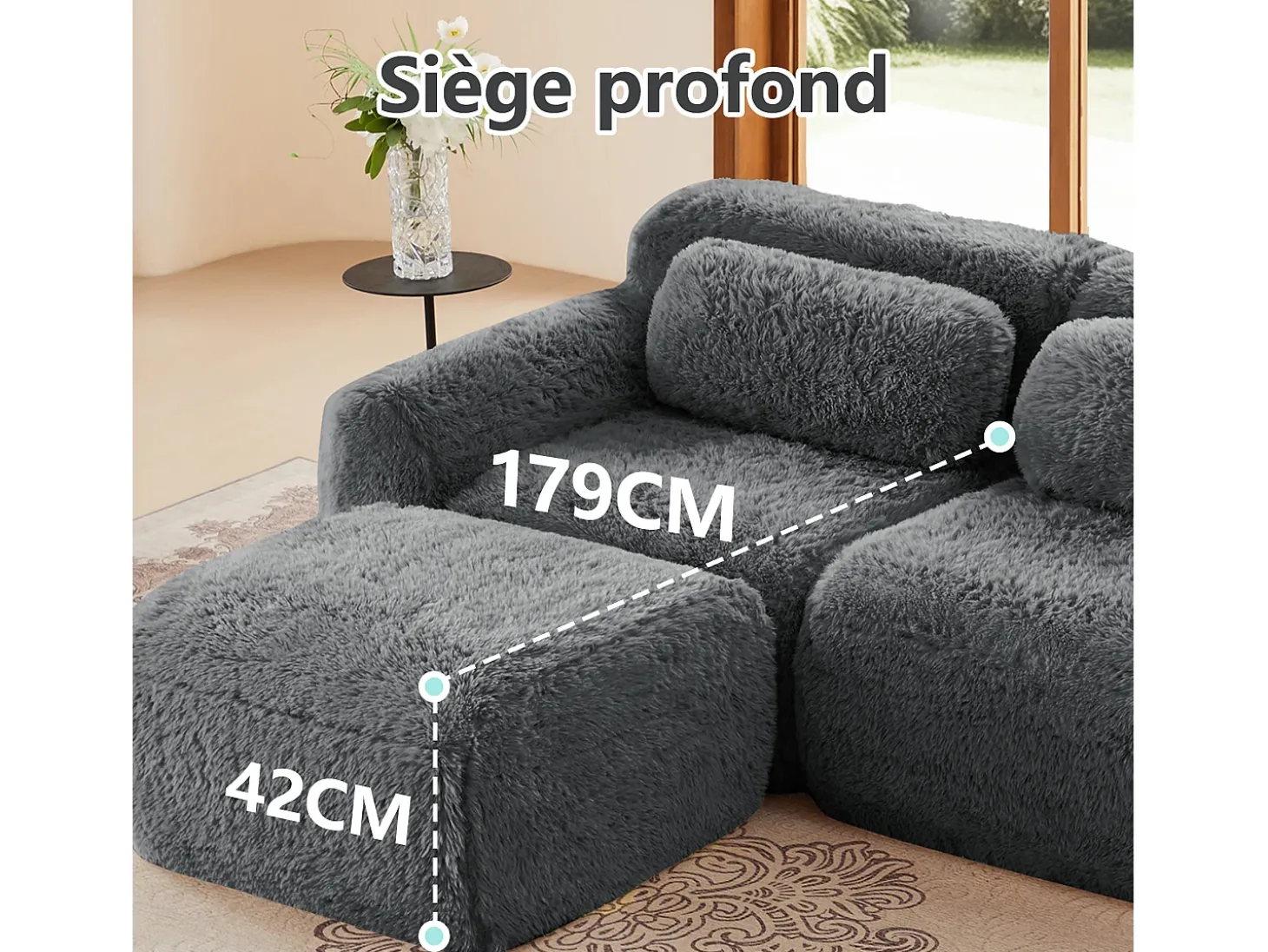 Sofá Modular 2 lugares em tecido peluche, com 2 almofadas, assento extra profundo 75cm, 204x104x73cm, Cinza