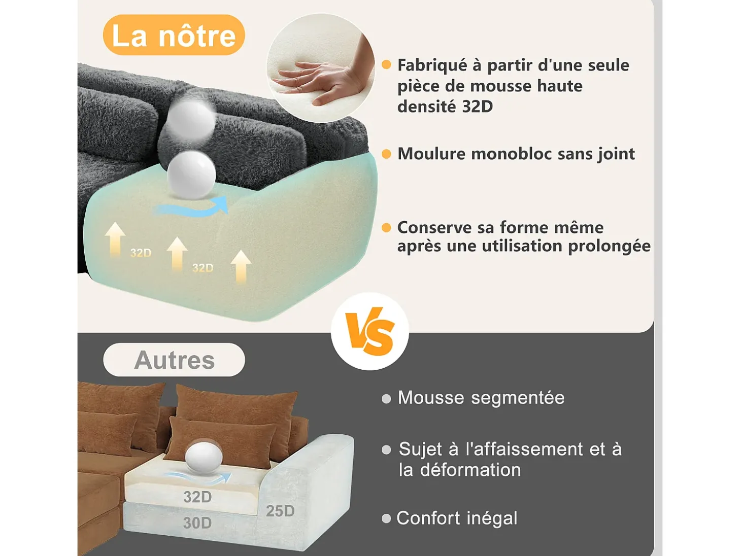Sofá Modular 2 lugares em tecido peluche, com 2 almofadas, assento extra profundo 75cm, 204x104x73cm, Cinza