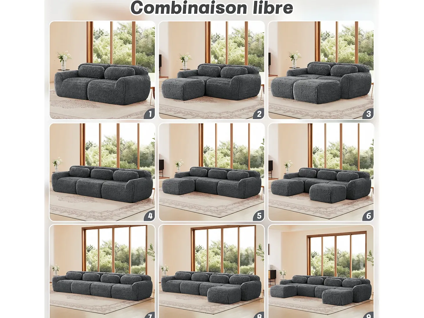 Sofá Modular 2 lugares em tecido peluche, com 2 almofadas, assento extra profundo 75cm, 204x104x73cm, Cinza