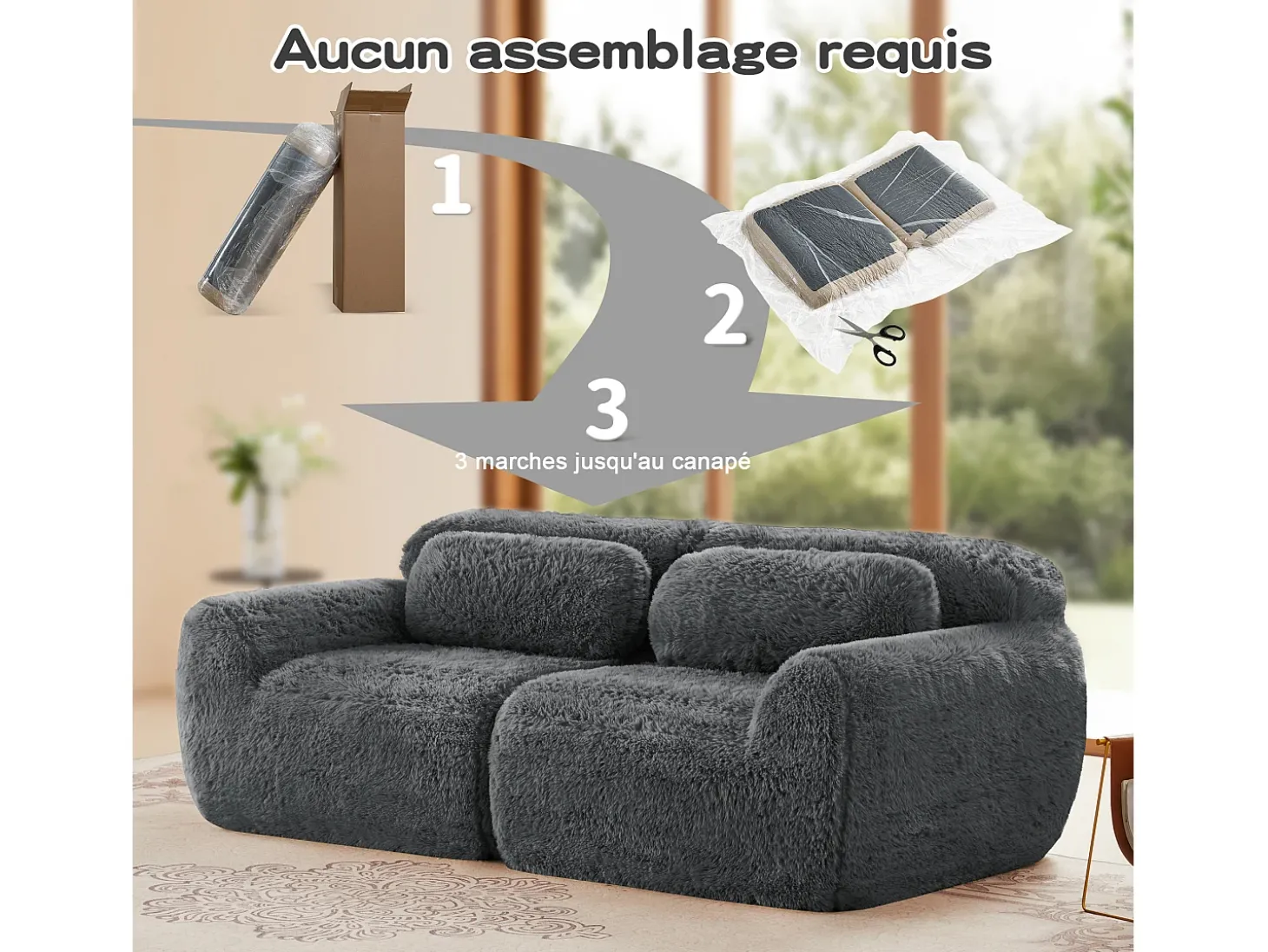 Sofá Modular 2 lugares em tecido peluche, com 2 almofadas, assento extra profundo 75cm, 204x104x73cm, Cinza