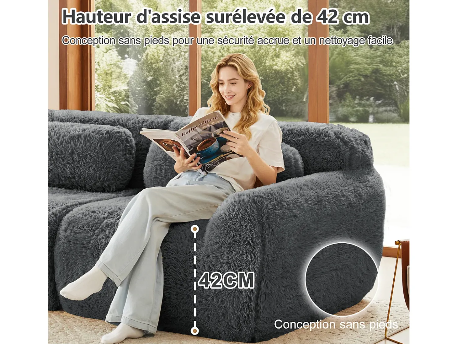 Sofá Modular 2 lugares em tecido peluche, com 2 almofadas, assento extra profundo 75cm, 204x104x73cm, Cinza