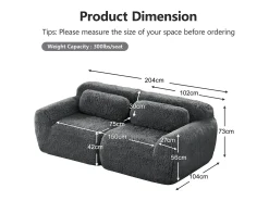 Sofá Modular 2 lugares em tecido peluche, com 2 almofadas, assento extra profundo 75cm, 204x104x73cm, Cinza