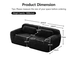 Sofá Modular 2 lugares em tecido peluche, com 2 almofadas, assento extra profundo 75cm, 204x104x73cm, Preto