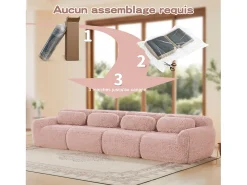Sofá Modular 4 lugares em tecido peluche, com 4 almofadas, sem estrutura, 378x104x73cm, Rosa