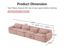 Sofá Modular 4 lugares em tecido peluche, com 4 almofadas, sem estrutura, 378x104x73cm, Rosa