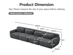 Sofá Modular 4 lugares em tecido peluche, com 4 almofadas, sem estrutura, 378x104x73cm, Cinza