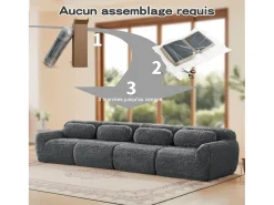 Sofá Modular 4 lugares em tecido peluche, com 4 almofadas, sem estrutura, 378x104x73cm, Cinza