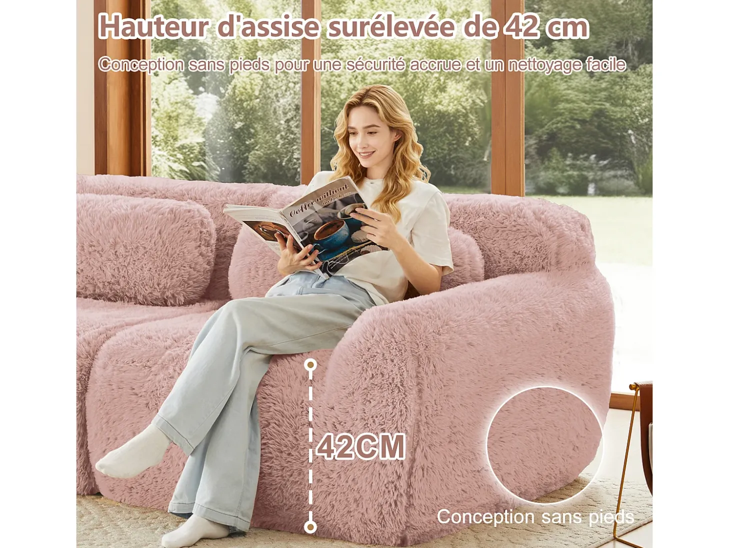 Sofá Modular 2 lugares em tecido peluche, com 2 almofadas, assento extra profundo 75cm, 204x104x73cm, Rosa