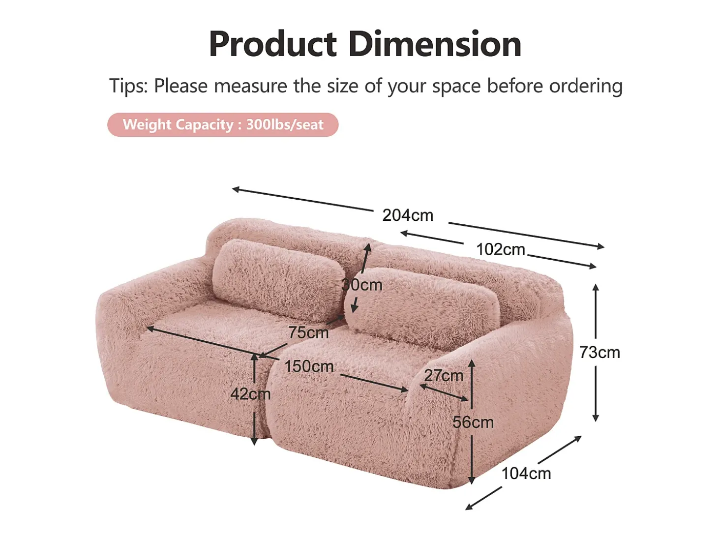 Sofá Modular 2 lugares em tecido peluche, com 2 almofadas, assento extra profundo 75cm, 204x104x73cm, Rosa