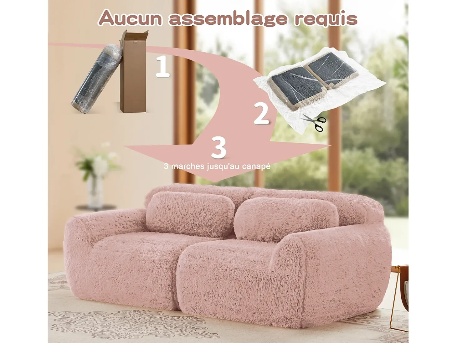 Sofá Modular 2 lugares em tecido peluche, com 2 almofadas, assento extra profundo 75cm, 204x104x73cm, Rosa