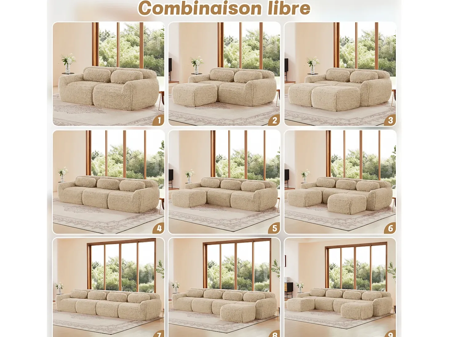 Sofá Modular 2 lugares em tecido peluche, com 2 almofadas, assento extra profundo 75cm, 204x104x73cm, Caqui