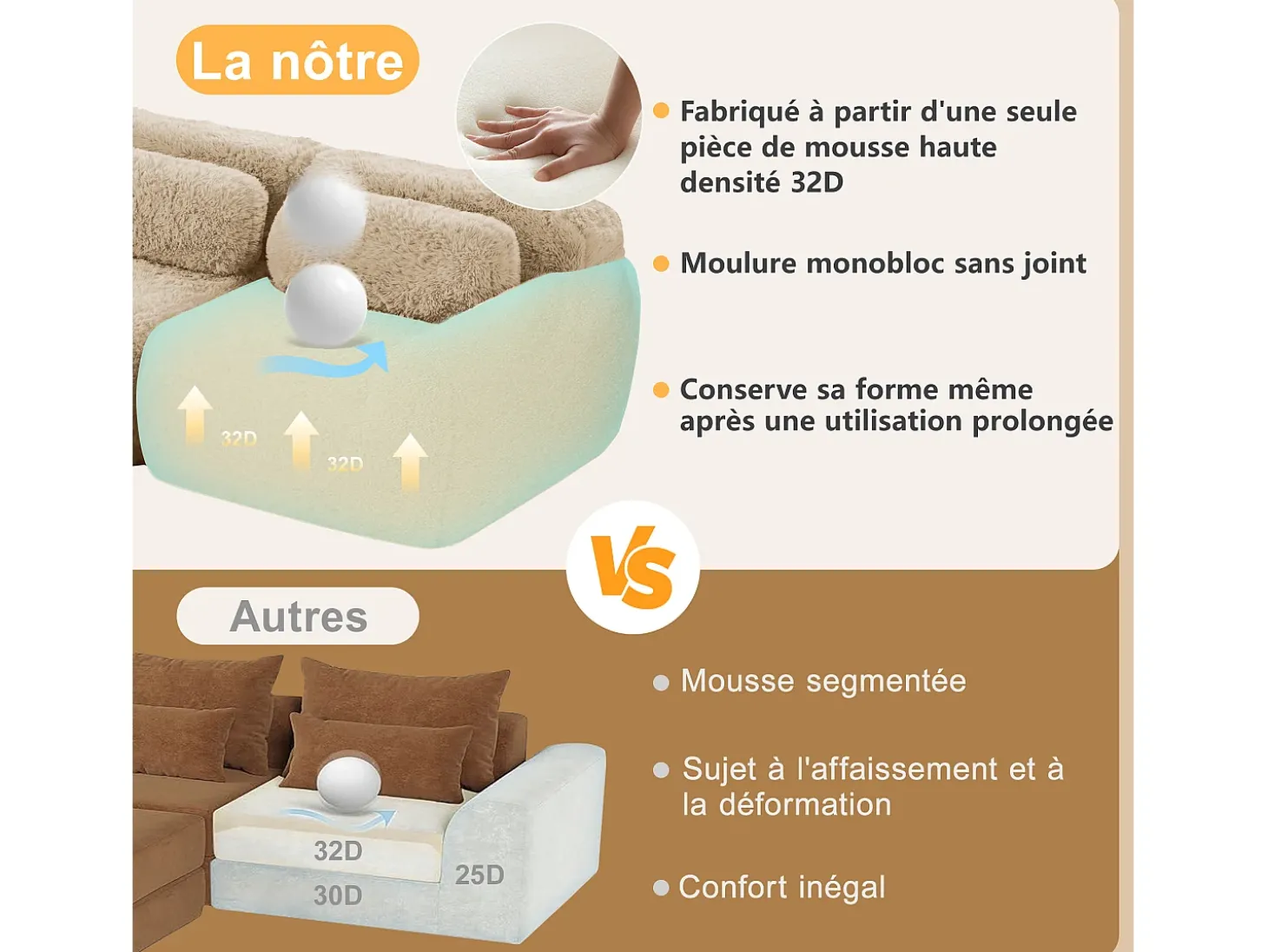 Sofá Modular 2 lugares em tecido peluche, com 2 almofadas, assento extra profundo 75cm, 204x104x73cm, Caqui