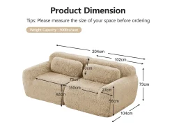 Sofá Modular 2 lugares em tecido peluche, com 2 almofadas, assento extra profundo 75cm, 204x104x73cm, Caqui