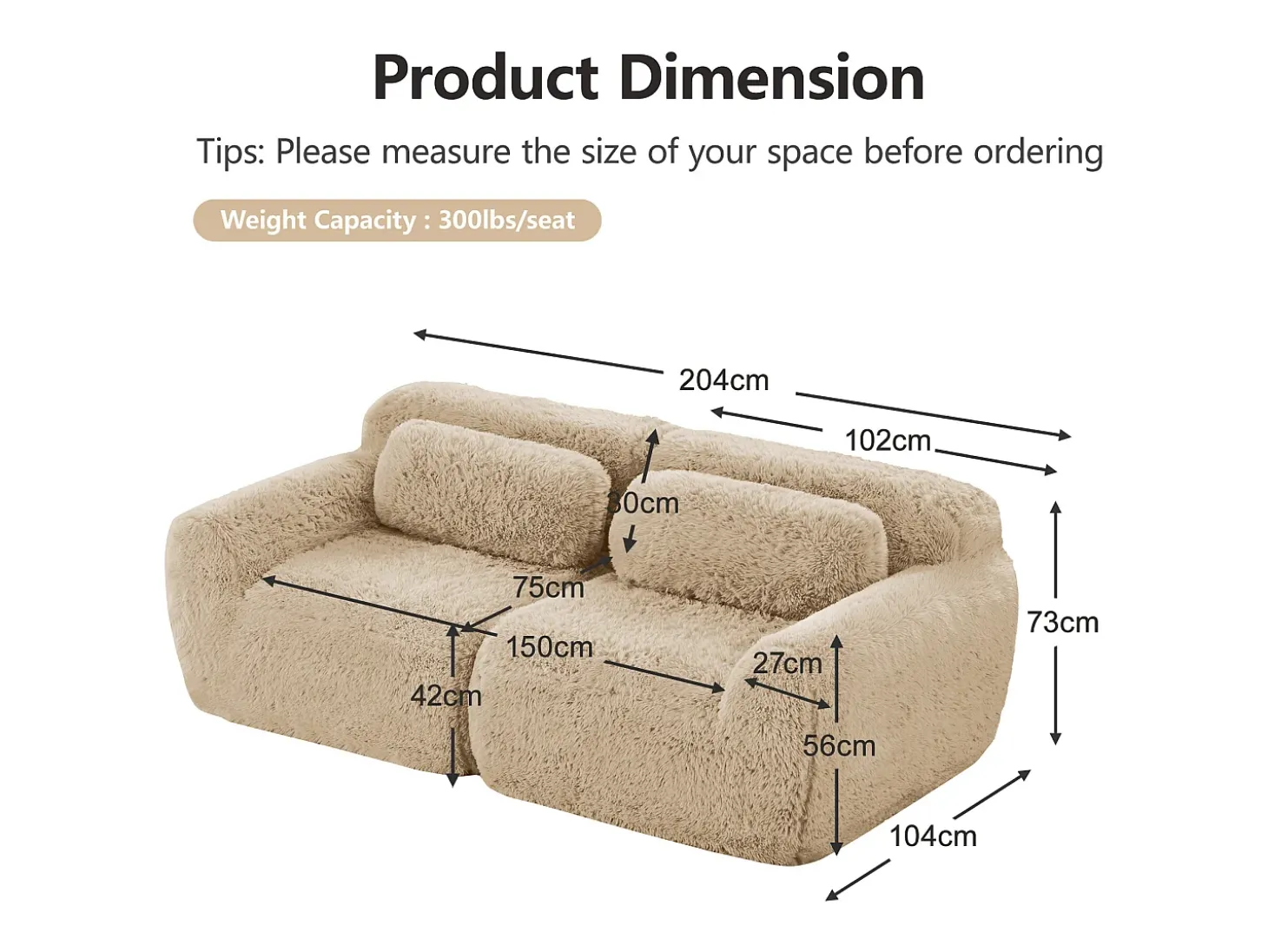 Sofá Modular 2 lugares em tecido peluche, com 2 almofadas, assento extra profundo 75cm, 204x104x73cm, Caqui