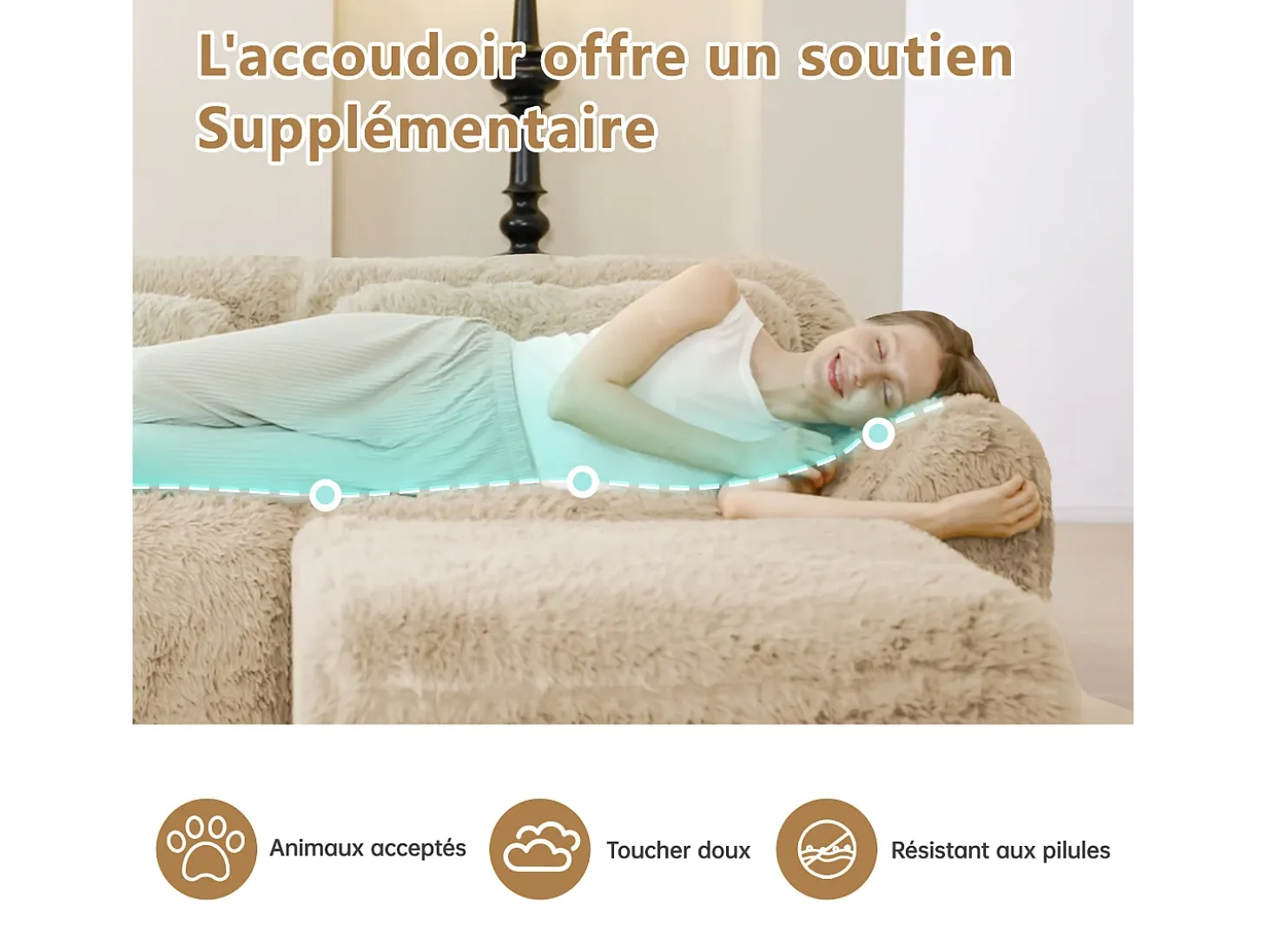 Sofá Modular 2 lugares em tecido peluche, com 2 almofadas, assento extra profundo 75cm, 204x104x73cm, Caqui