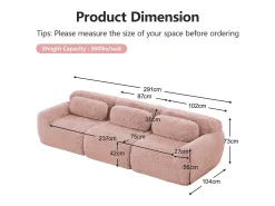 Sofá Modular 3 lugares em tecido peluche, com 3 almofadas, sem estrutura, 291x104x73cm, Rosa