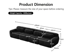 Sofá Modular 4 lugares em tecido peluche, com 4 almofadas, sem estrutura, 378x104x73cm, Preto