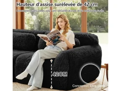Sofá Modular 4 lugares em tecido peluche, com 4 almofadas, sem estrutura, 378x104x73cm, Preto