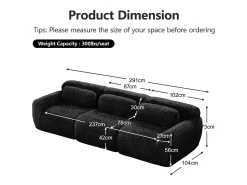 Sofá Modular 3 lugares em tecido peluche, com 3 almofadas, sem estrutura, 291x104x73cm, Preto