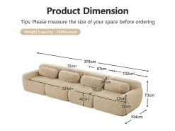 Sofá Modular 4 lugares em tecido peluche, com 4 almofadas, sem estrutura, 378x104x73cm, Caqui