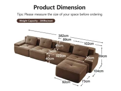 Sofá Modular 4 lugares em Veludo cotelê, com puff e 4 almofadas, 382x177x69cm, Marrom