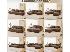 Sofá Modular 4 lugares em Veludo cotelê, com puff e 4 almofadas, 382x177x69cm, Marrom