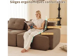 Sofá Modular 4 lugares em Veludo cotelê, com puff e 4 almofadas, 382x177x69cm, Marrom