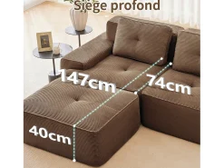 Sofá Modular 4 lugares em Veludo cotelê, com puff e 4 almofadas, 382x177x69cm, Marrom