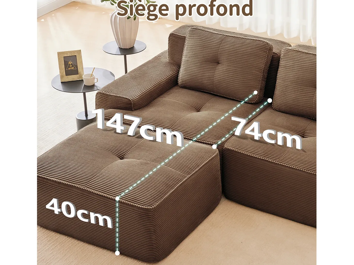 Sofá Modular 4 lugares em Veludo cotelê, com puff e 4 almofadas, 382x177x69cm, Marrom