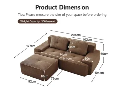 Sofá Modular 2 lugares em Veludo cotelê, com puff e 2 almofadas, 204x177x69cm, Marrom