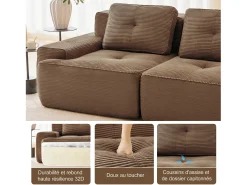 Sofá Modular 2 lugares em Veludo cotelê, com puff e 2 almofadas, 204x177x69cm, Marrom