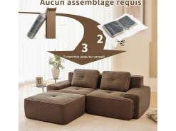 Sofá Modular 2 lugares em Veludo cotelê, com puff e 2 almofadas, 204x177x69cm, Marrom