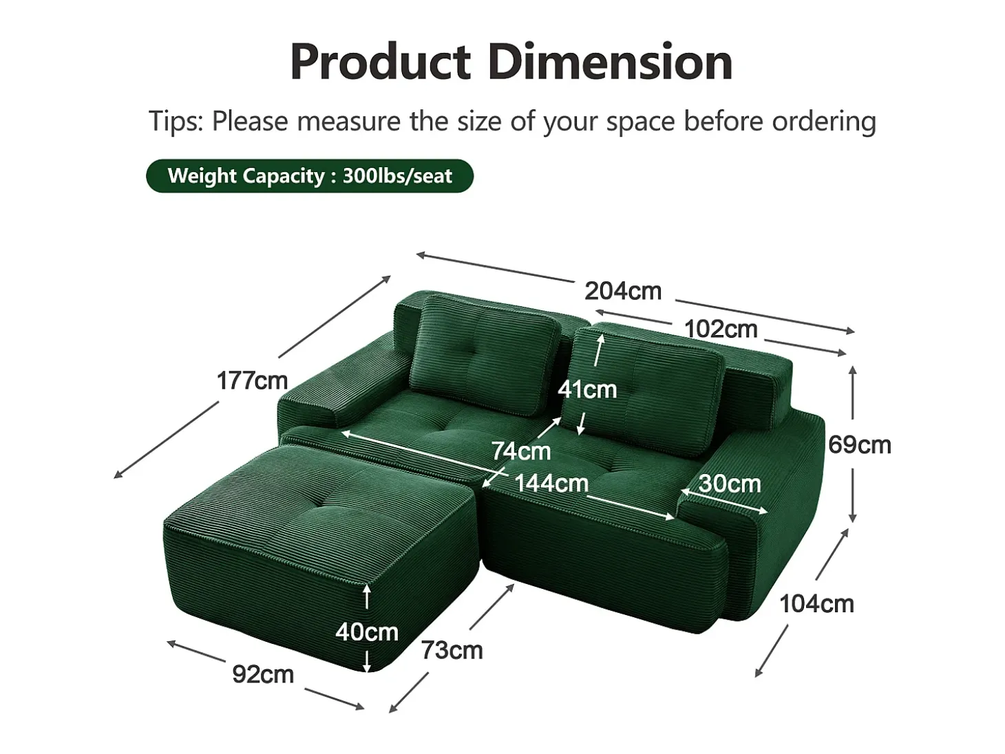 Sofá Modular 2 lugares em Veludo cotelê, com puff e 2 almofadas, 204x177x69cm, Verde