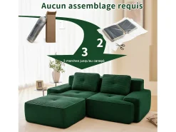 Sofá Modular 2 lugares em Veludo cotelê, com puff e 2 almofadas, 204x177x69cm, Verde