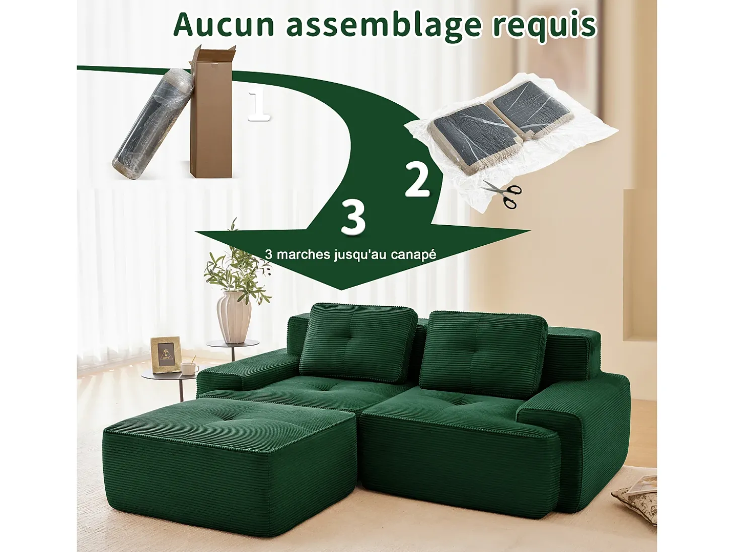 Sofá Modular 2 lugares em Veludo cotelê, com puff e 2 almofadas, 204x177x69cm, Verde