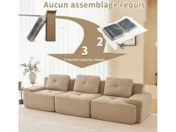 Sofá Modular 3 lugares em Veludo cotelê, com 3 almofadas, assento extra profundo 74cm, 293x104x69cm, Bege