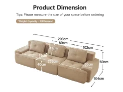 Sofá Modular 3 lugares em Veludo cotelê, com 3 almofadas, assento extra profundo 74cm, 293x104x69cm, Bege