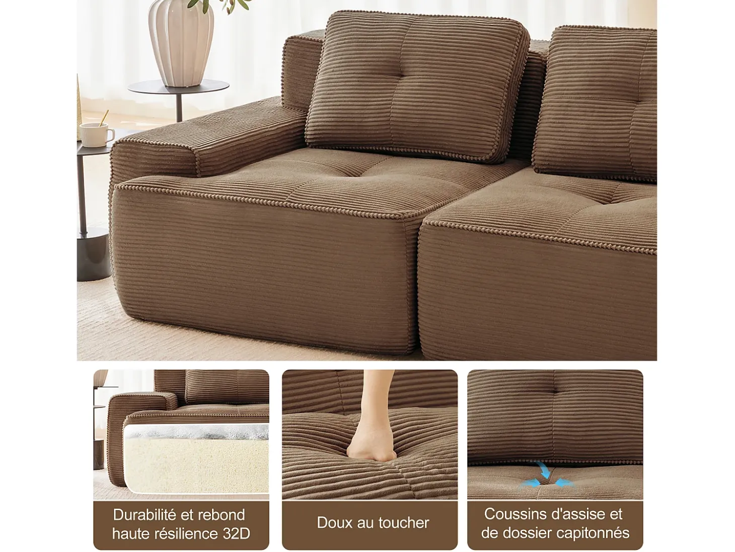 Sofá Modular 3 lugares em Veludo cotelê, com 3 almofadas, assento extra profundo 74cm, 293x104x69cm, Marrom