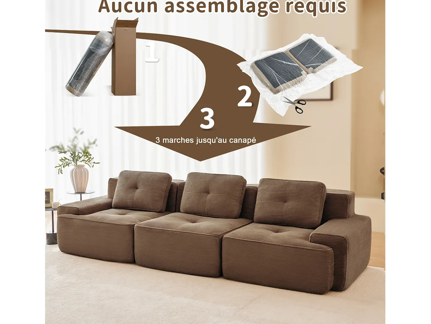Sofá Modular 3 lugares em Veludo cotelê, com 3 almofadas, assento extra profundo 74cm, 293x104x69cm, Marrom