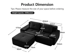 Sofá Modular 2 lugares em Veludo cotelê, com puff e 2 almofadas, 204x177x69cm, Preto