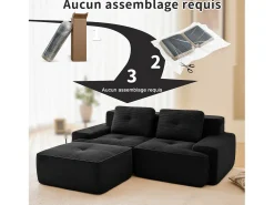Sofá Modular 2 lugares em Veludo cotelê, com puff e 2 almofadas, 204x177x69cm, Preto