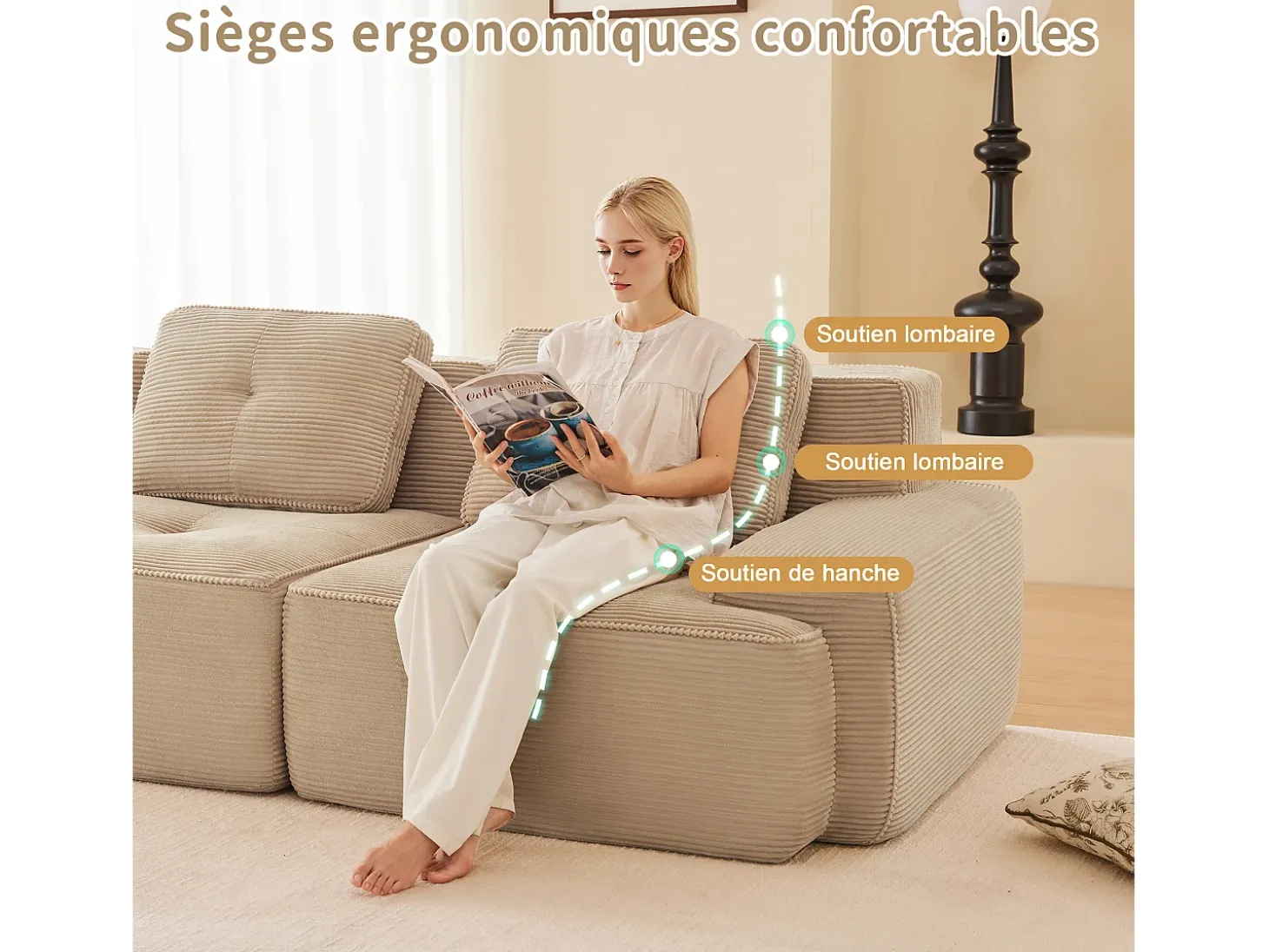 Sofá Modular 2 lugares em Veludo cotelê com 2 almofadas, sem montagem, 204x104x69cm, Bege
