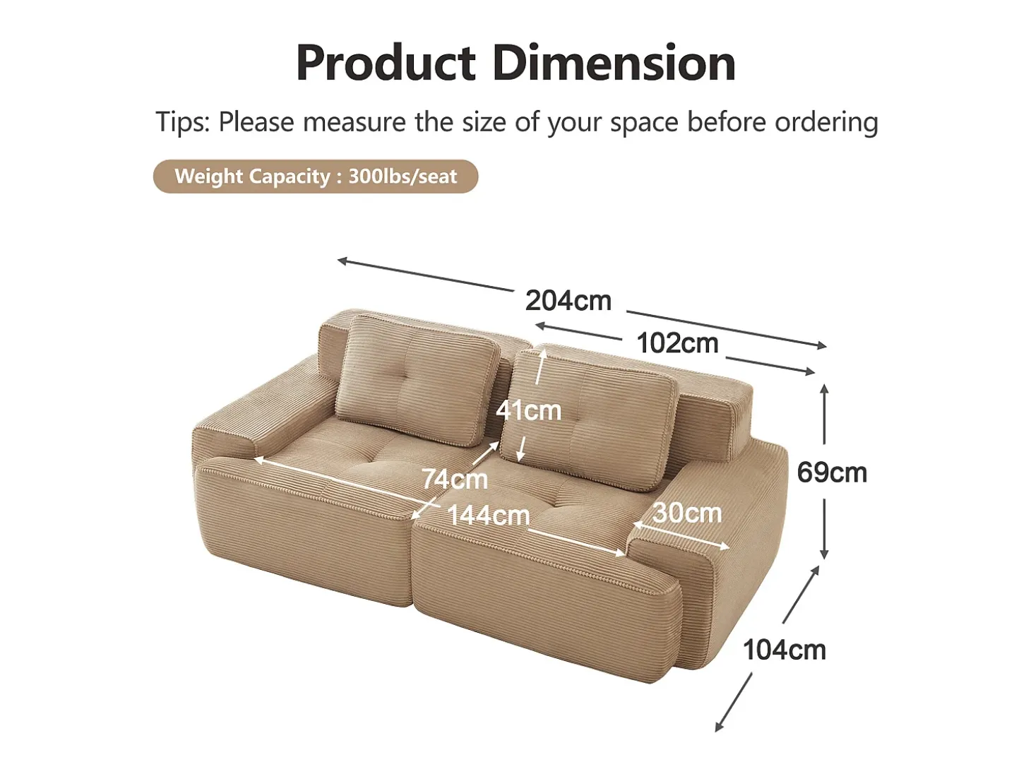 Sofá Modular 2 lugares em Veludo cotelê com 2 almofadas, sem montagem, 204x104x69cm, Bege