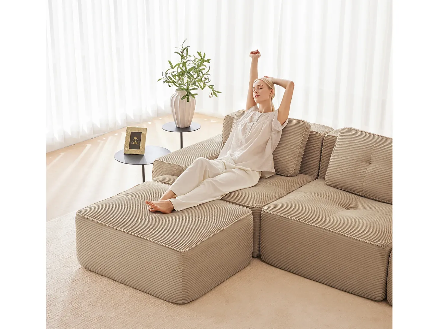 Sofá Modular 2 lugares em Veludo cotelê com 2 almofadas, sem montagem, 204x104x69cm, Bege
